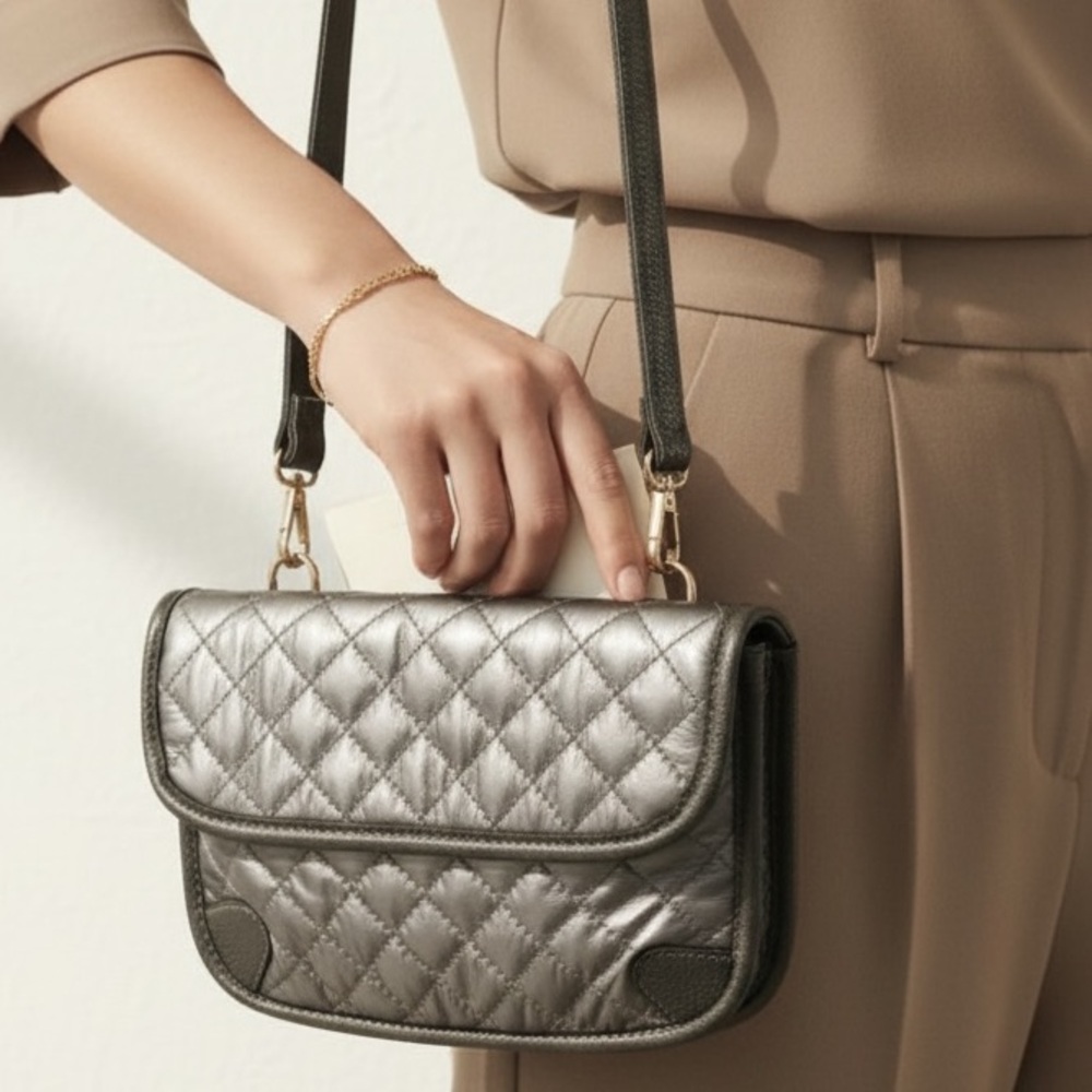 Metallic Gunmetal Gray Quilted Adjustable Shoulder Crossbody Bag NWOT